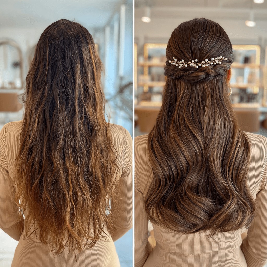 Sleek Half Up Half Down Textured Waves with Decorative Accent