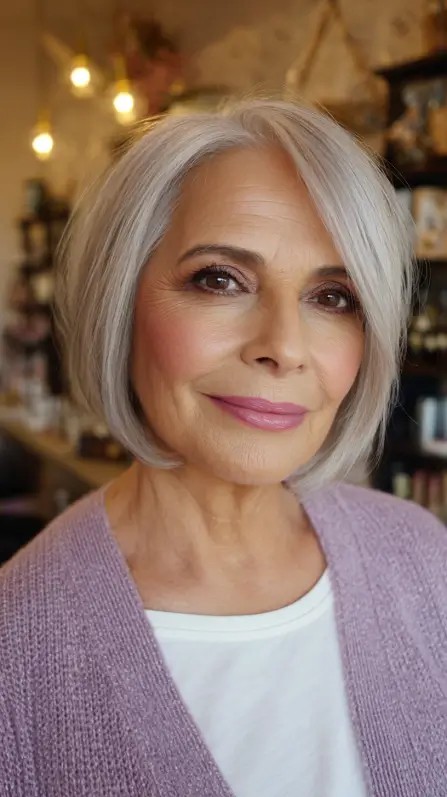 Softly Layered Silver Reverse Bob with Gentle Waves