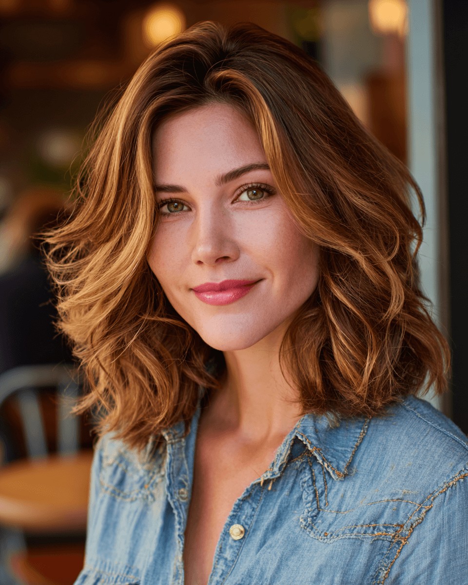 Textured Mid-Length Cut with Warm Copper Highlights