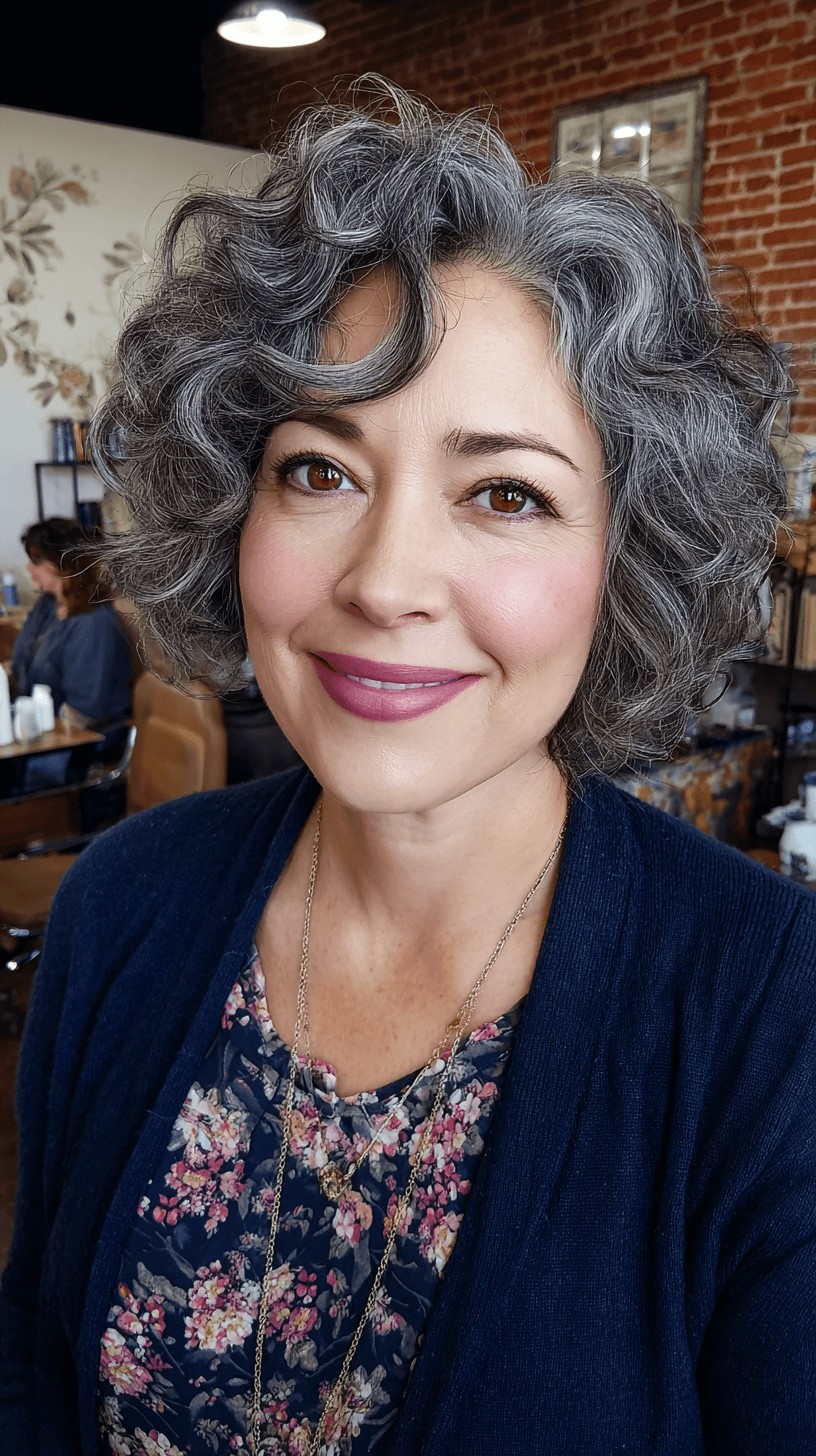 Textured Silver Curly Bob with Soft Waves