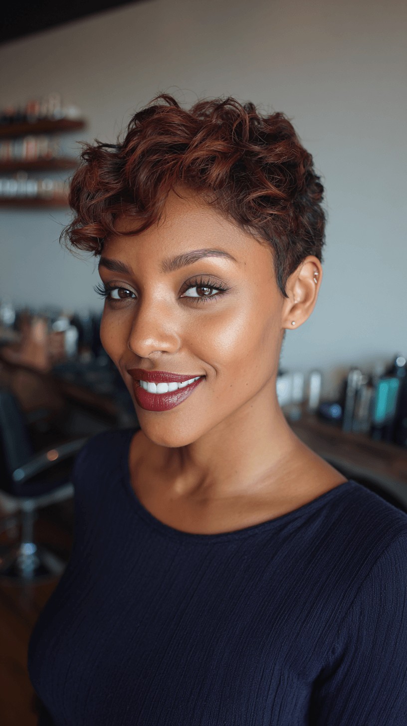 Vibrant Cinnamon Pixie Cut with Defined Curls