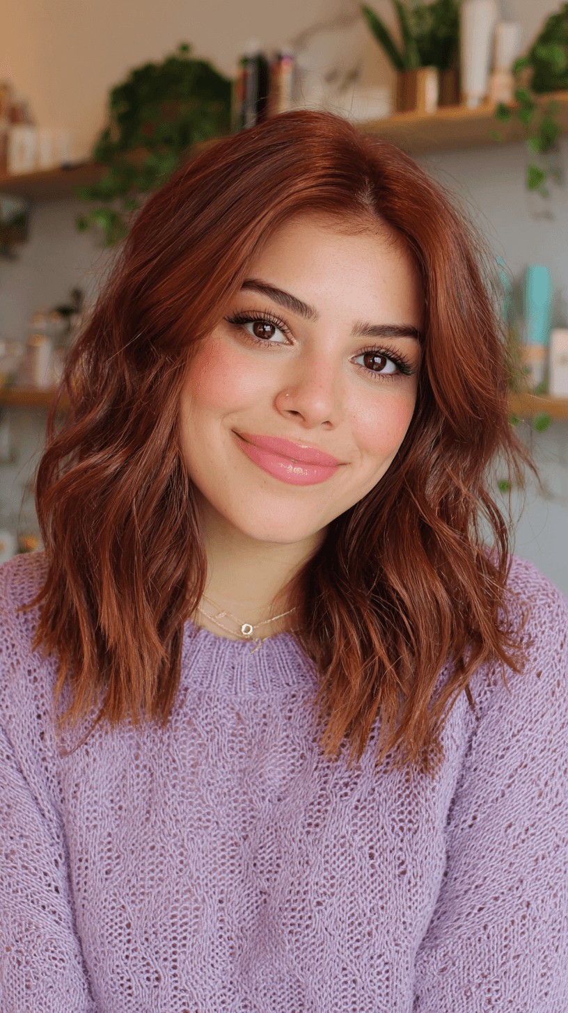 Chic Textured Mid-Length Cut with Warm Copper Highlights