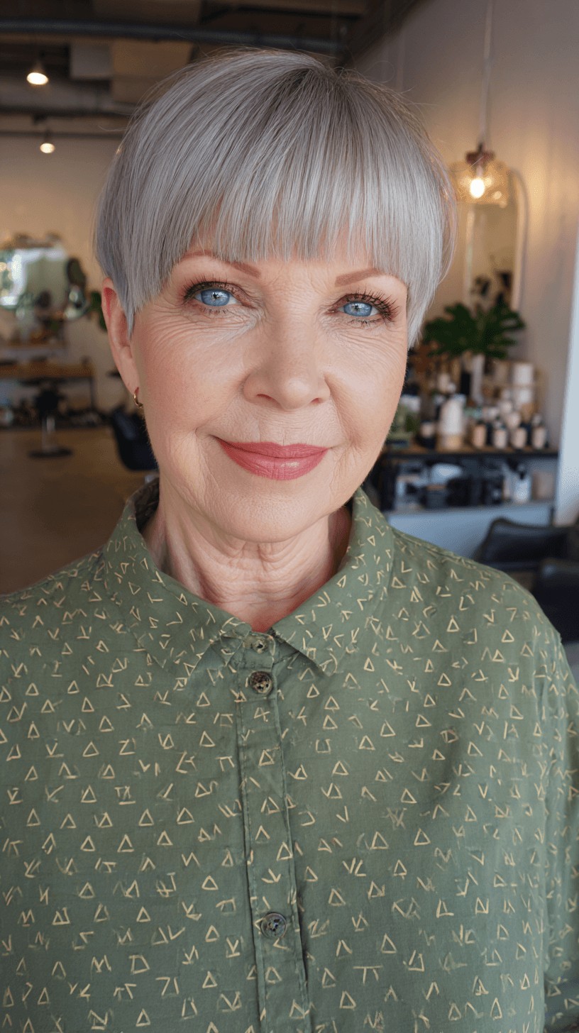 Chic Textured Silver Pixie Cut with Blunt Bangs