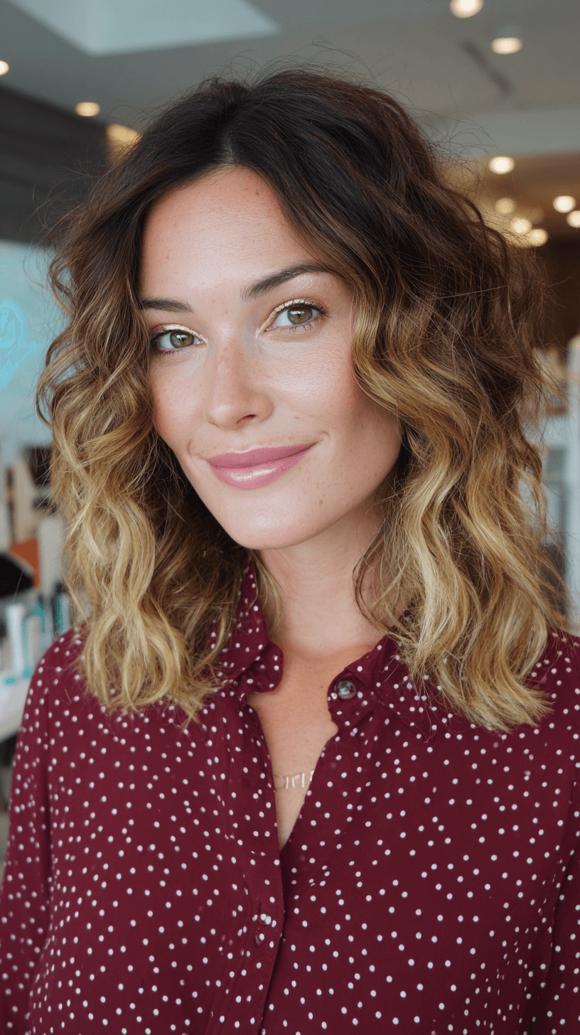 Dynamic Mid-Length Curly Cut with Warm Balayage