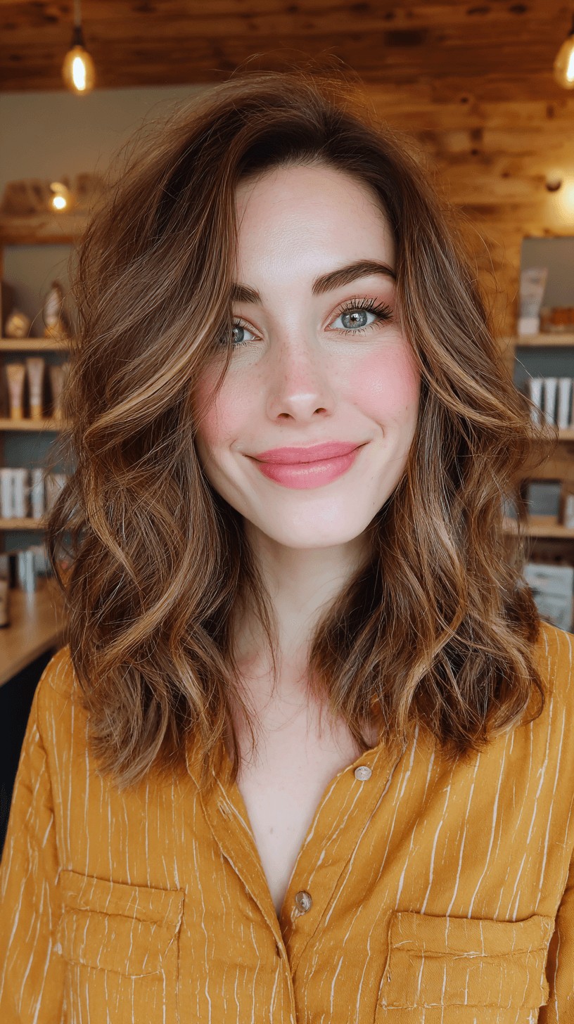 Natural Textured Mid-Length Waves with Warm Balayage
