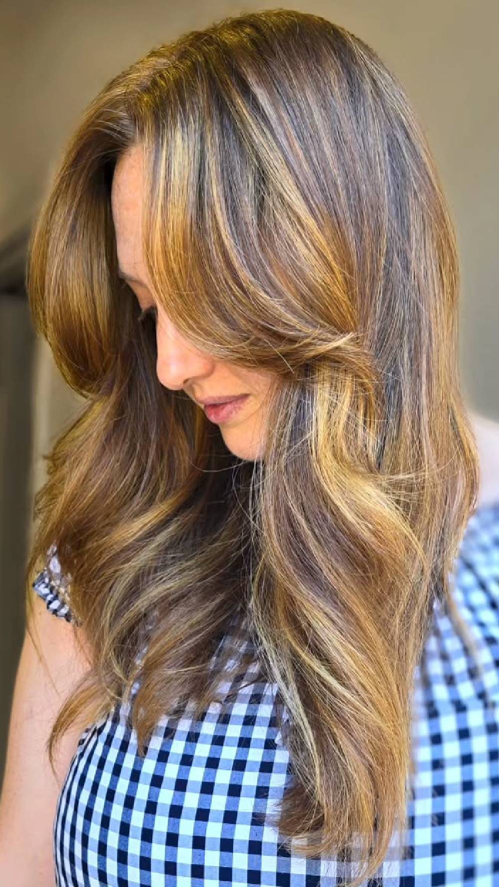 Soft Cascading Waves with Warm Caramel Balayage