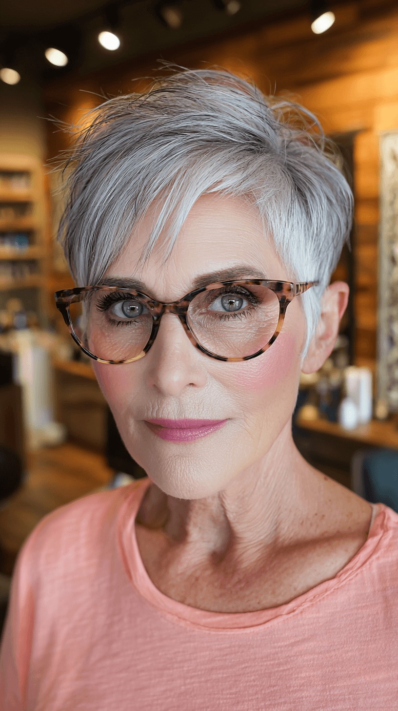 Textured Silver Pixie Cut with Side-Swept Bangs