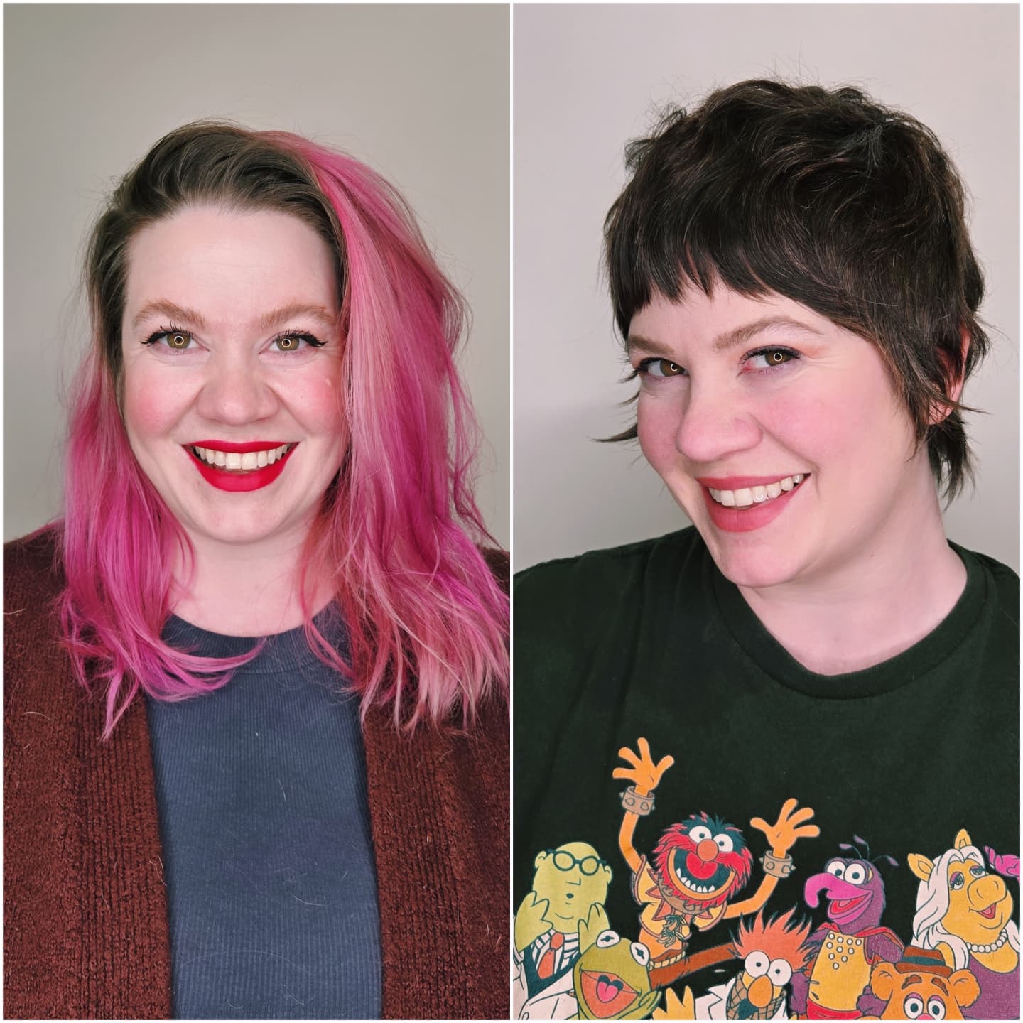 Vibrant Pink Long Layers Transitioning to a Textured Pixie Cut