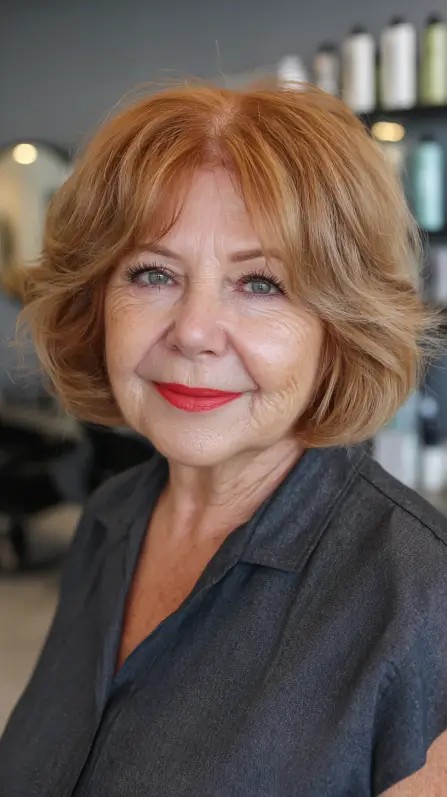 Warm Copper Bottleneck Bangs with Soft Layers
