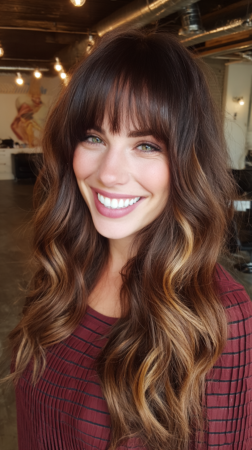 Chic Long Layered Waves with Soft Bangs