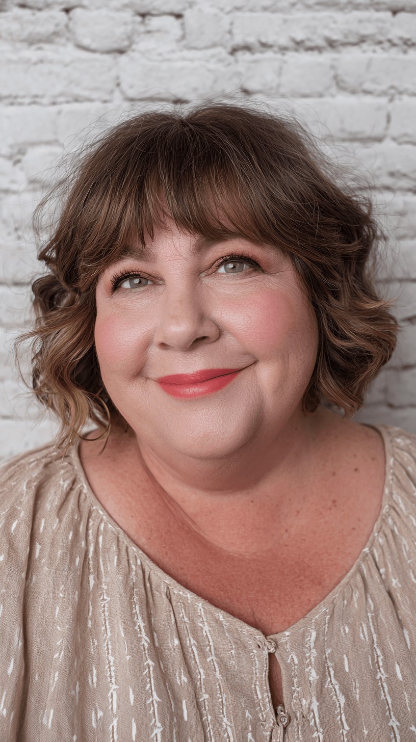 Chic Soft Curly Bob with Face-Framing Bangs