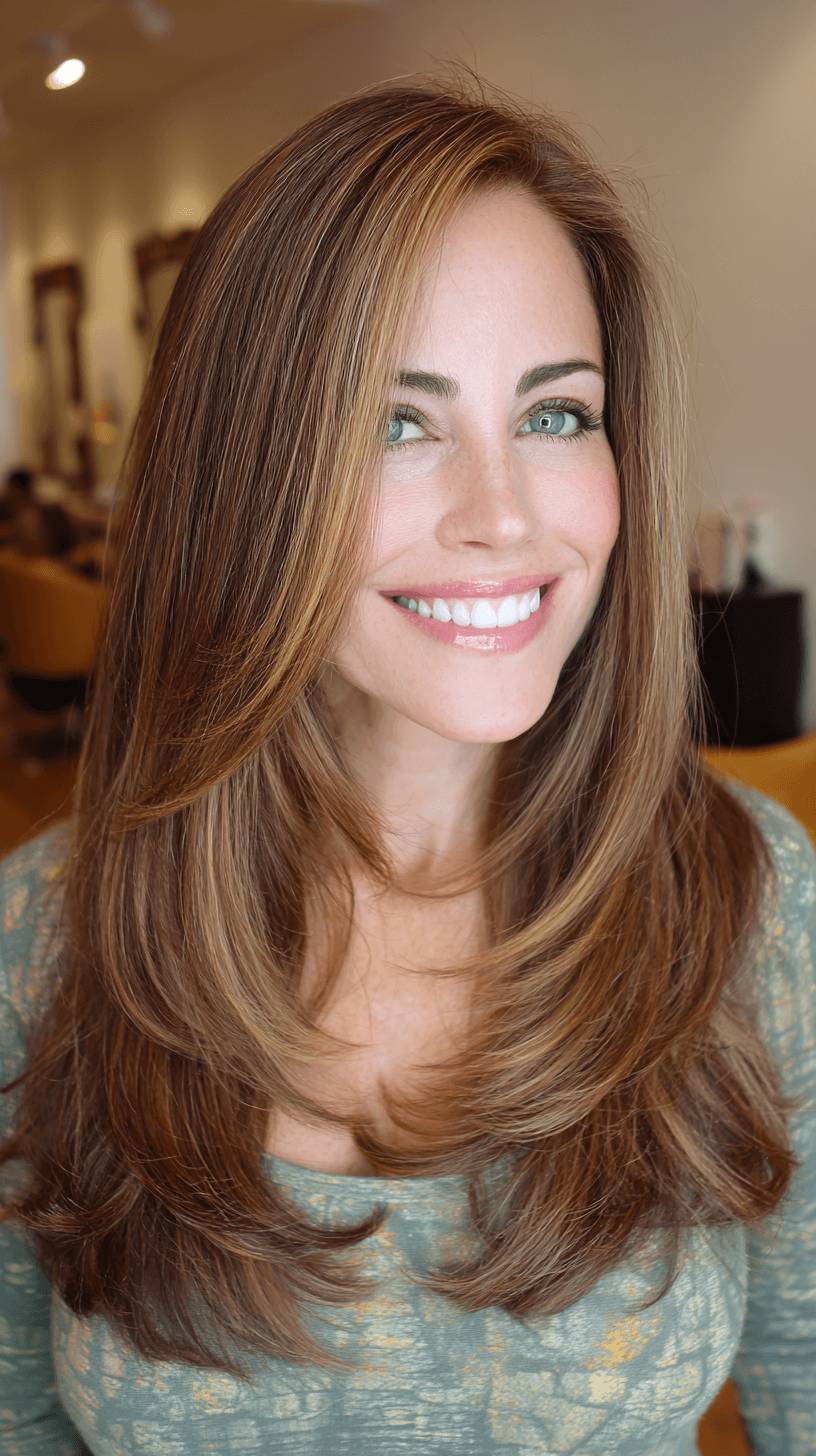 Glossy Long Layers with Subtle Golden Highlights