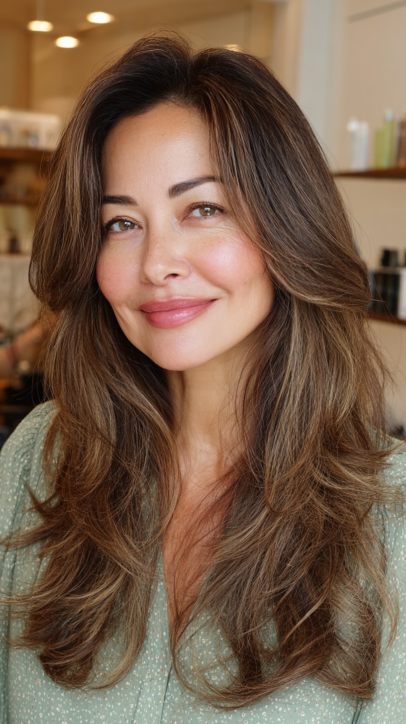 Natural Long Layers with Soft Caramel Balayage