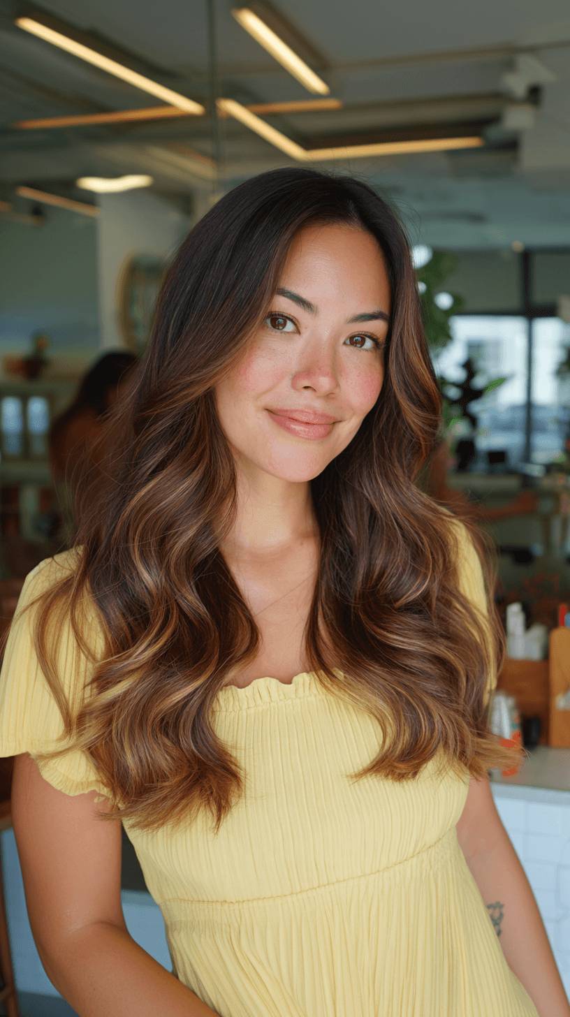 Radiant Long Layers with Warm Chestnut Balayage