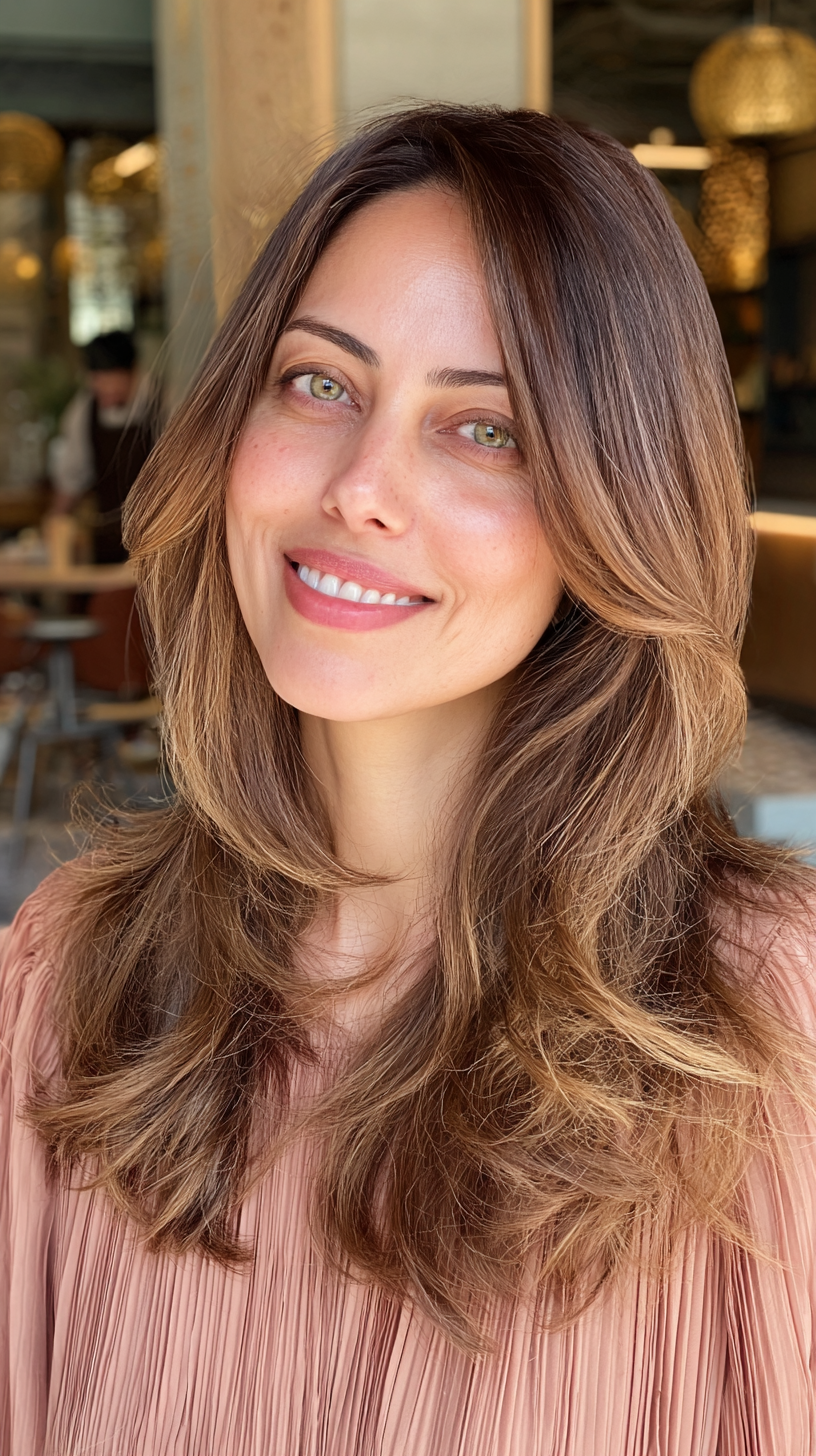 Textured Long Layers with Warm Caramel Highlights