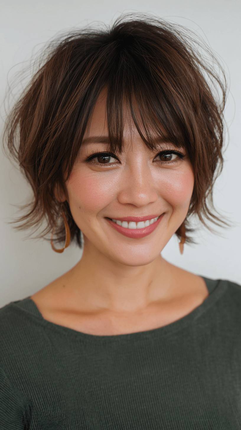 Textured Short Wolf Cut with Fluffy Layers and Soft Bangs