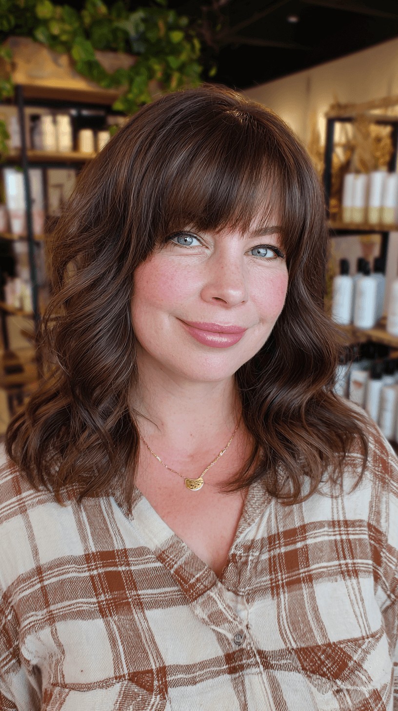 Softly Layered Brown Waves with Face-Framing Bangs
