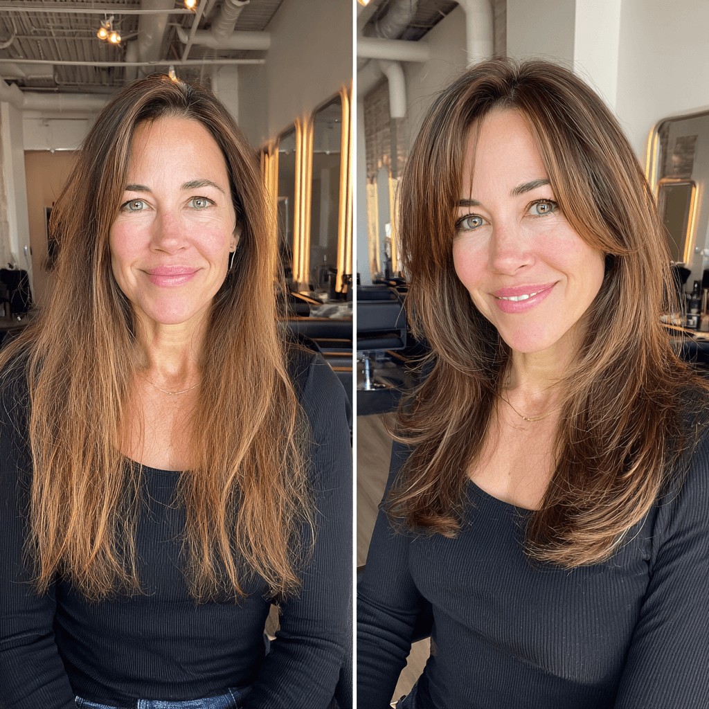 Stylish Long Layers with Face-Framing Bangs