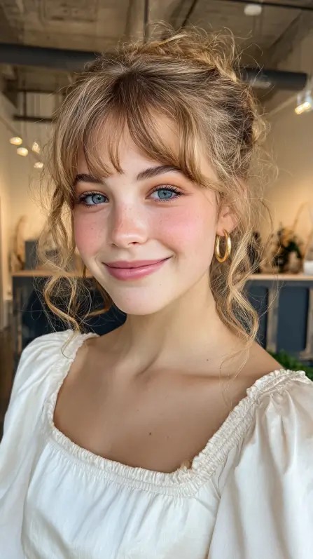 Textured Half-Up Curly Style with Face-Framing Bangs