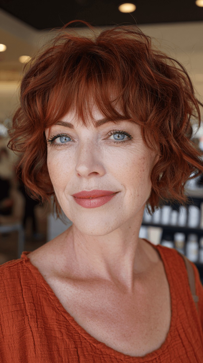 Textured Red Curly Bob with Soft Bangs