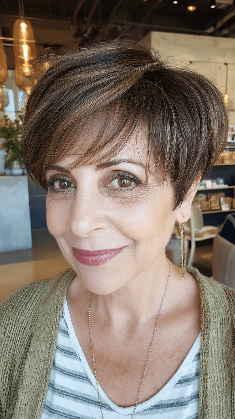 Chic Textured Angular Pixie Cut with Light Brown Highlights