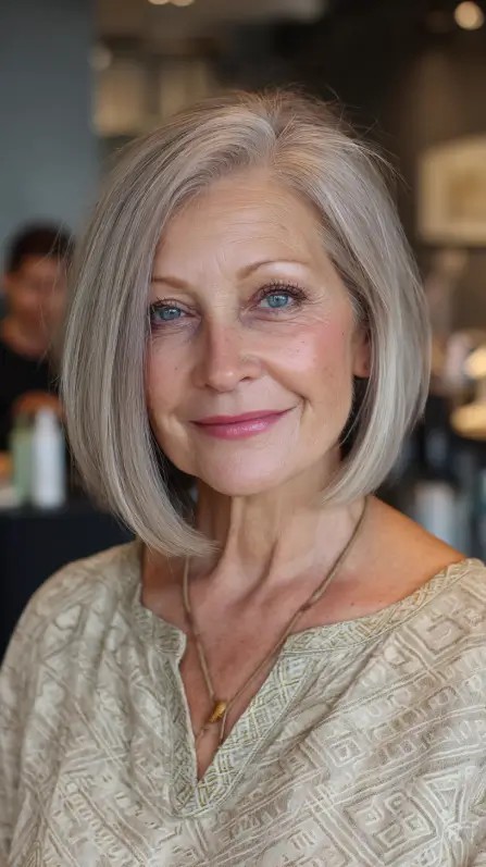 Elegant Silver Neck-Length Bob with Subtle Layers