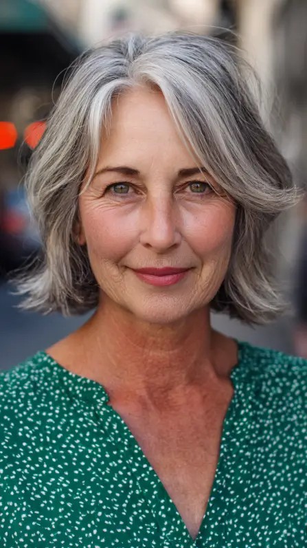 Modern Soft Gray Neck-Length Cut with Gentle Waves