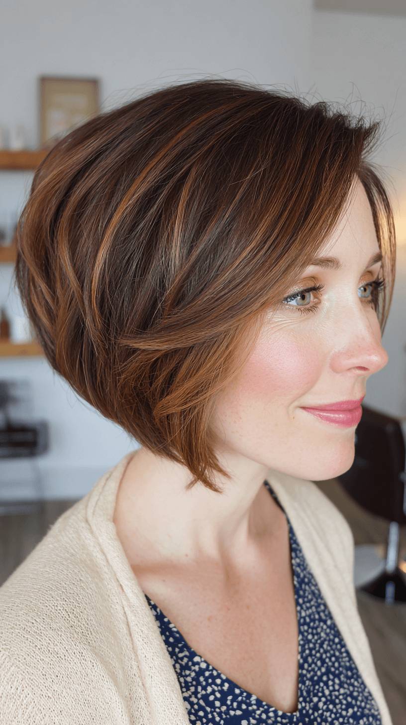 Stylish Warm Chestnut Wedge Bob with Soft Layers