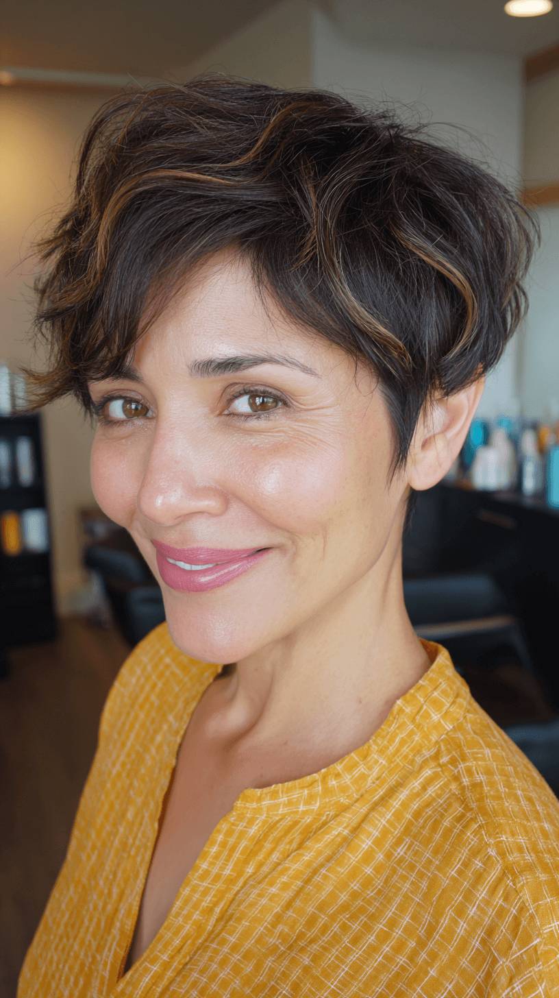 Textured Angular Pixie Cut with Warm Caramel Highlights