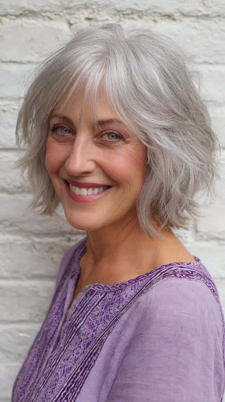Textured Gray Shaggy Neck-Length Cut with Face-Framing Layers
