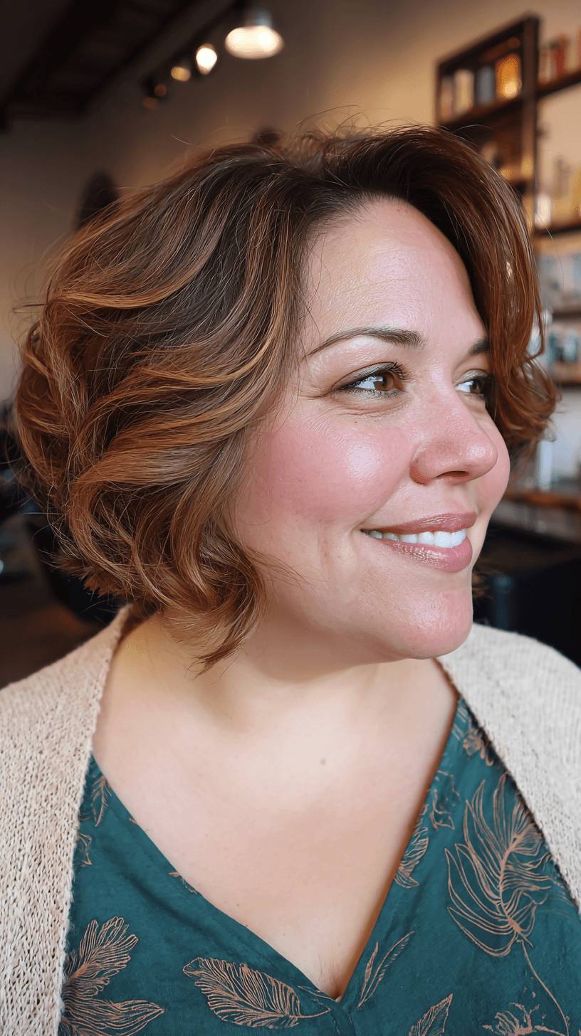 Textured Warm Auburn Wedge Bob with Soft Waves