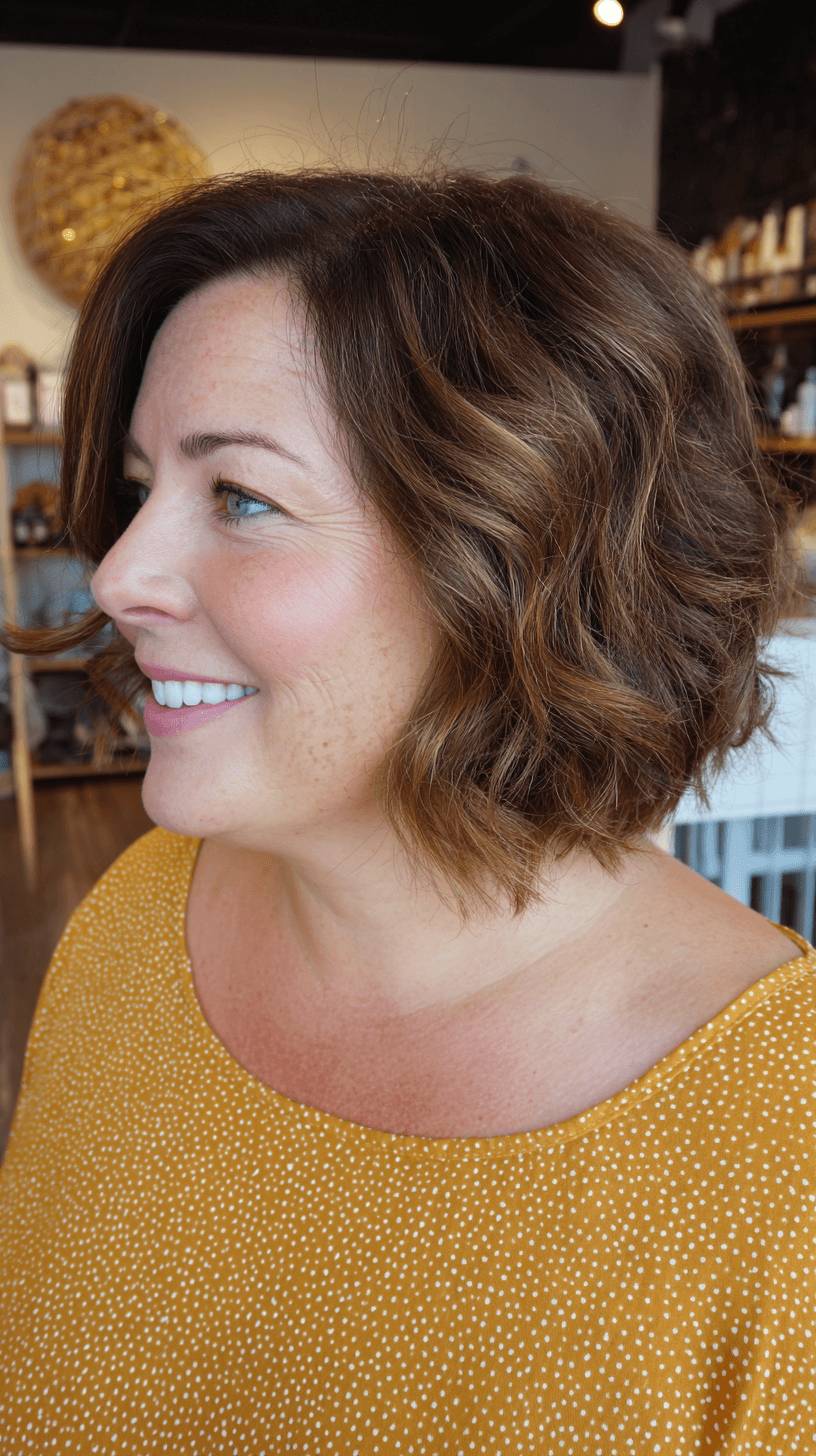 Textured Warm Brown Wedge Bob with Soft Curls