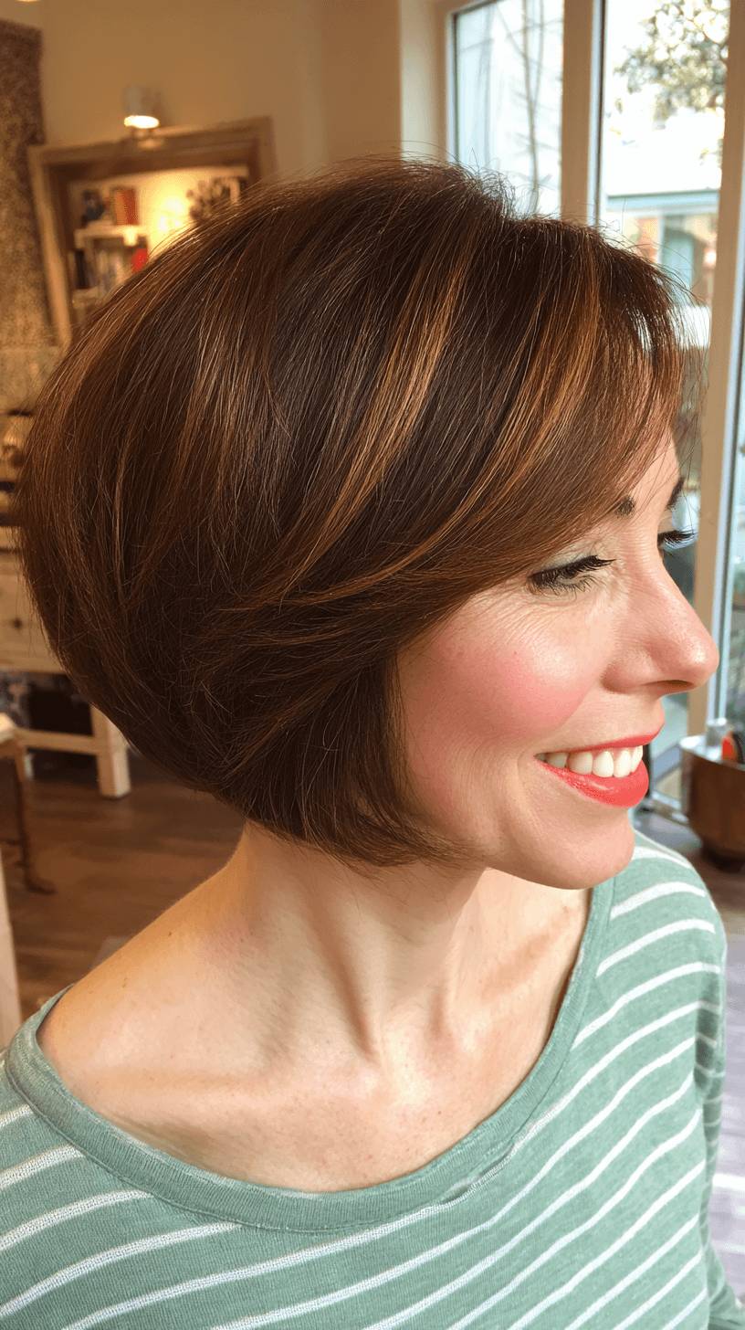 Warm Chestnut Stacked Wedge Bob with Subtle Layers