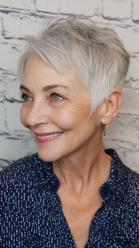 Textured Silver Pixie Cut with Soft Layers