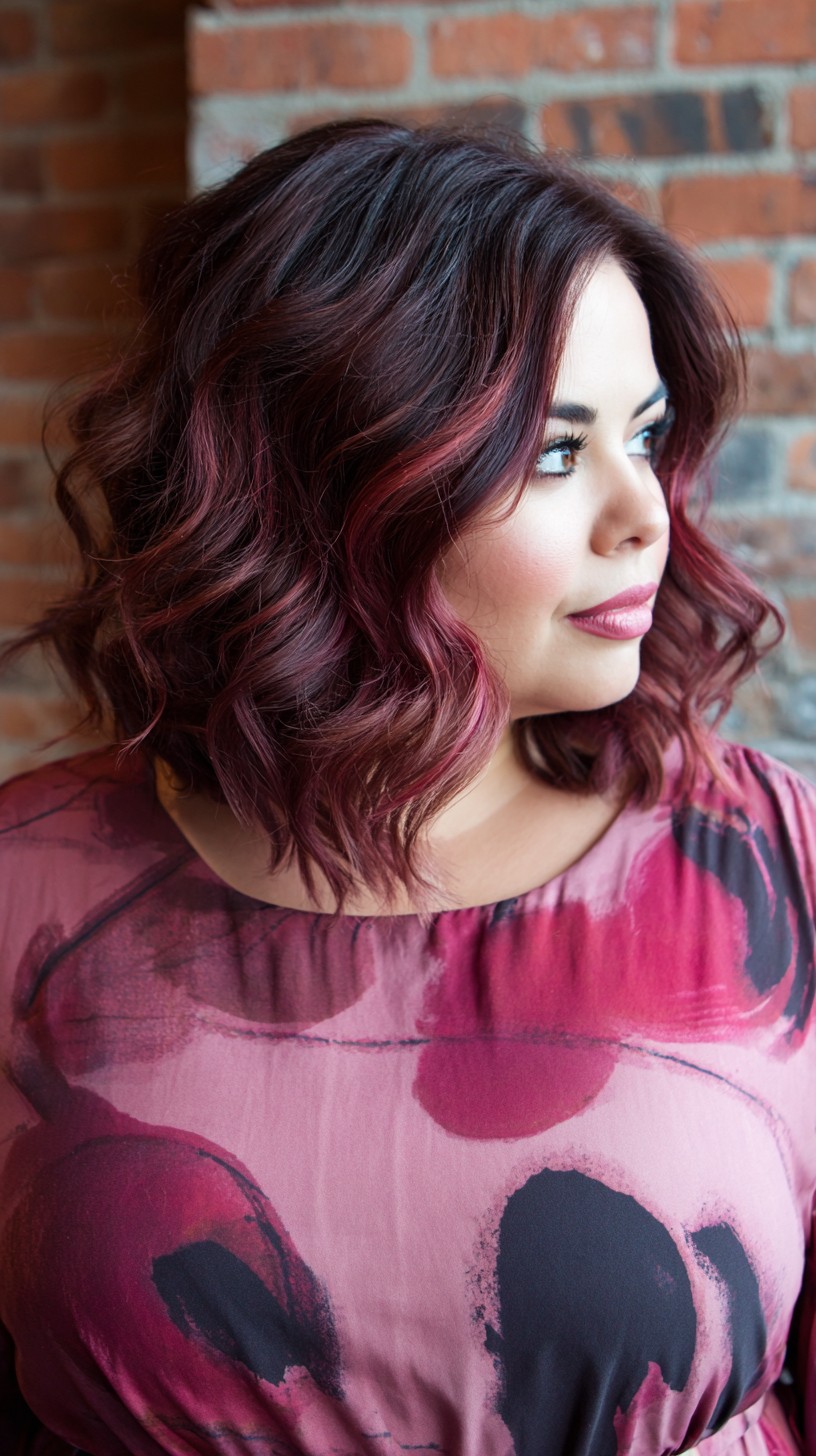 Chic Textured Black Cherry Balayage with Loose Waves