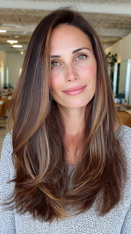 Dynamic Long Cut with Subtle Face-Framing Highlights