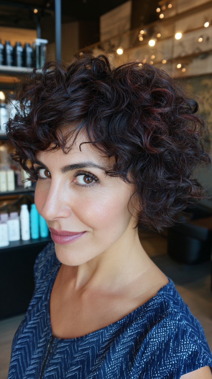 Dynamic Short Curly Cut with Rich Burgundy Highlights