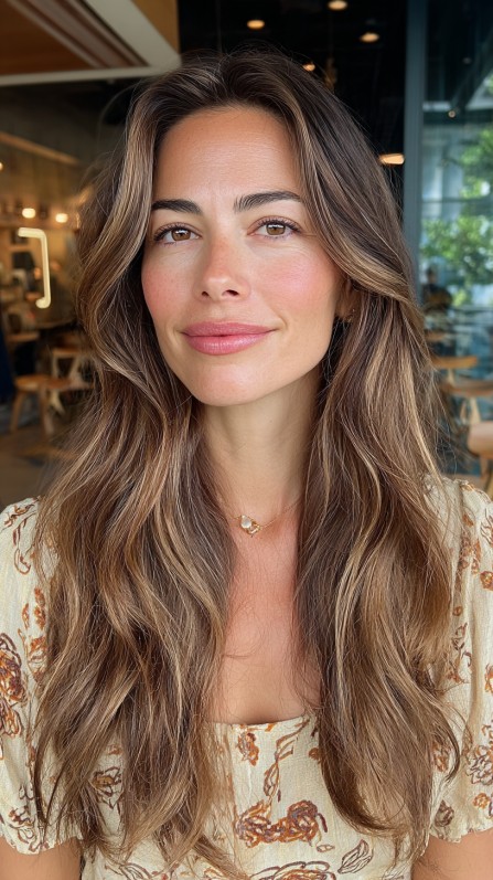 Effortlessly Textured Long Waves with Warm Balayage Highlights