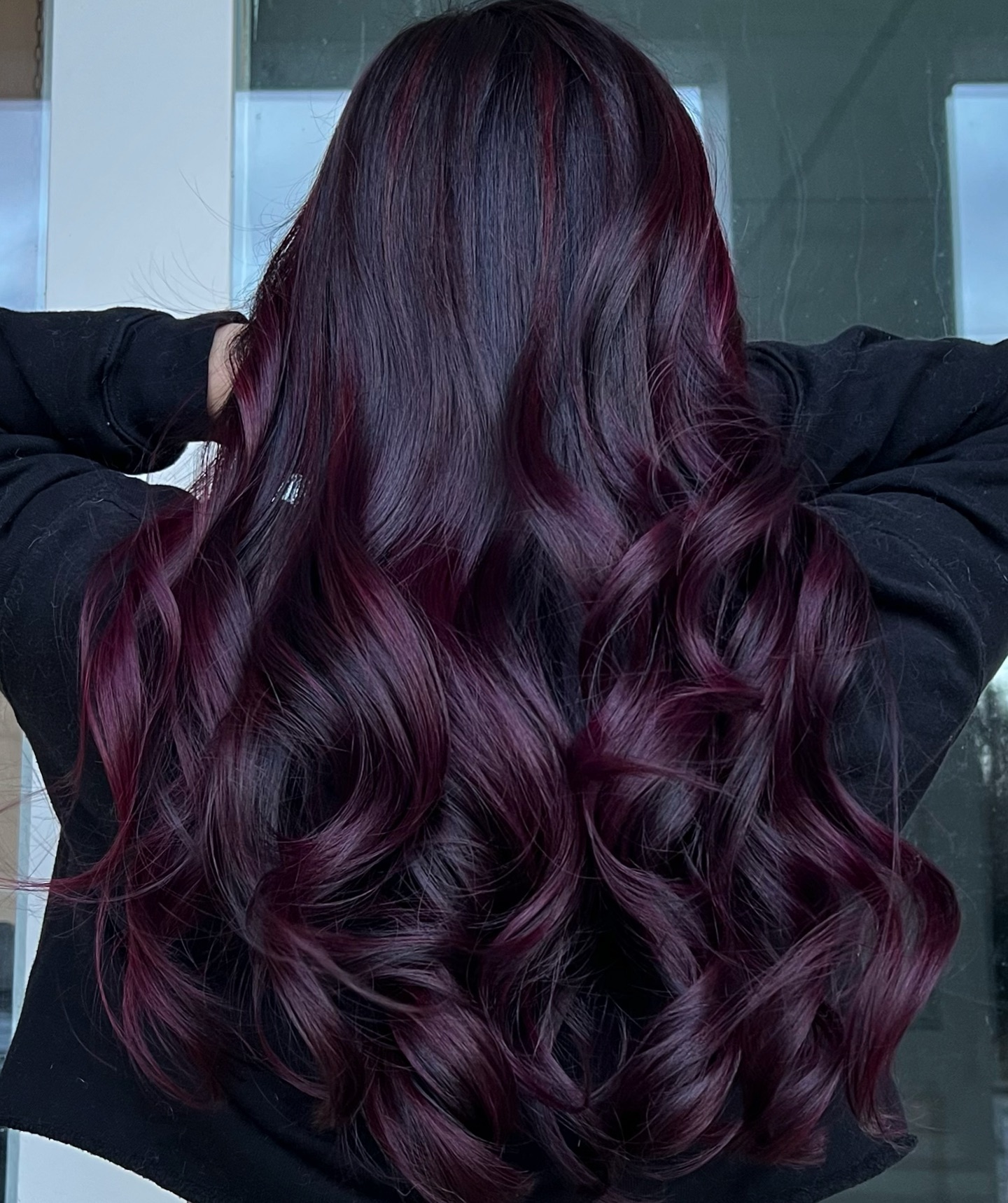Gorgeous Long Black Cherry Balayage with Defined Waves