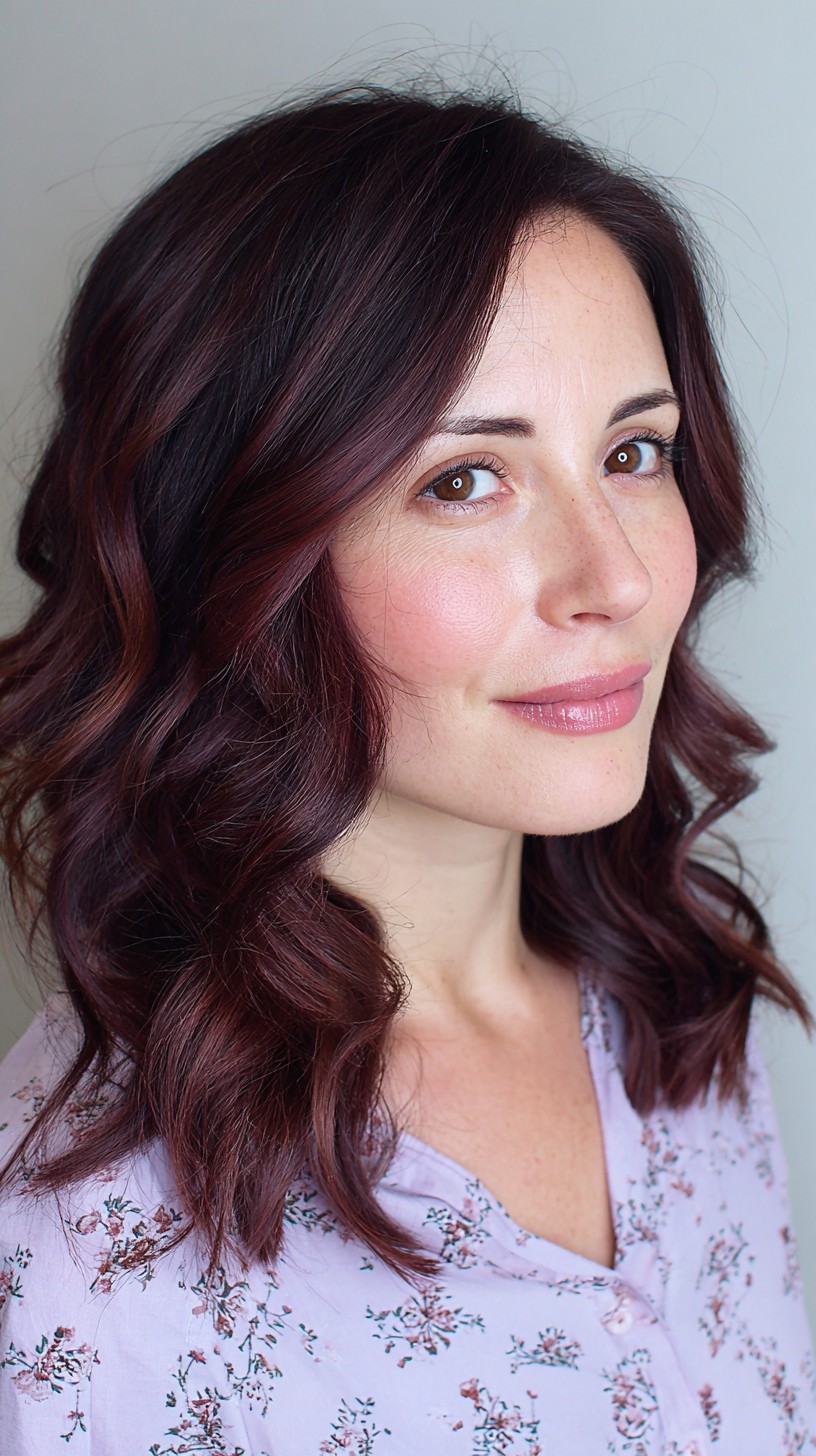 Layered Black Cherry Balayage with Subtle Waves
