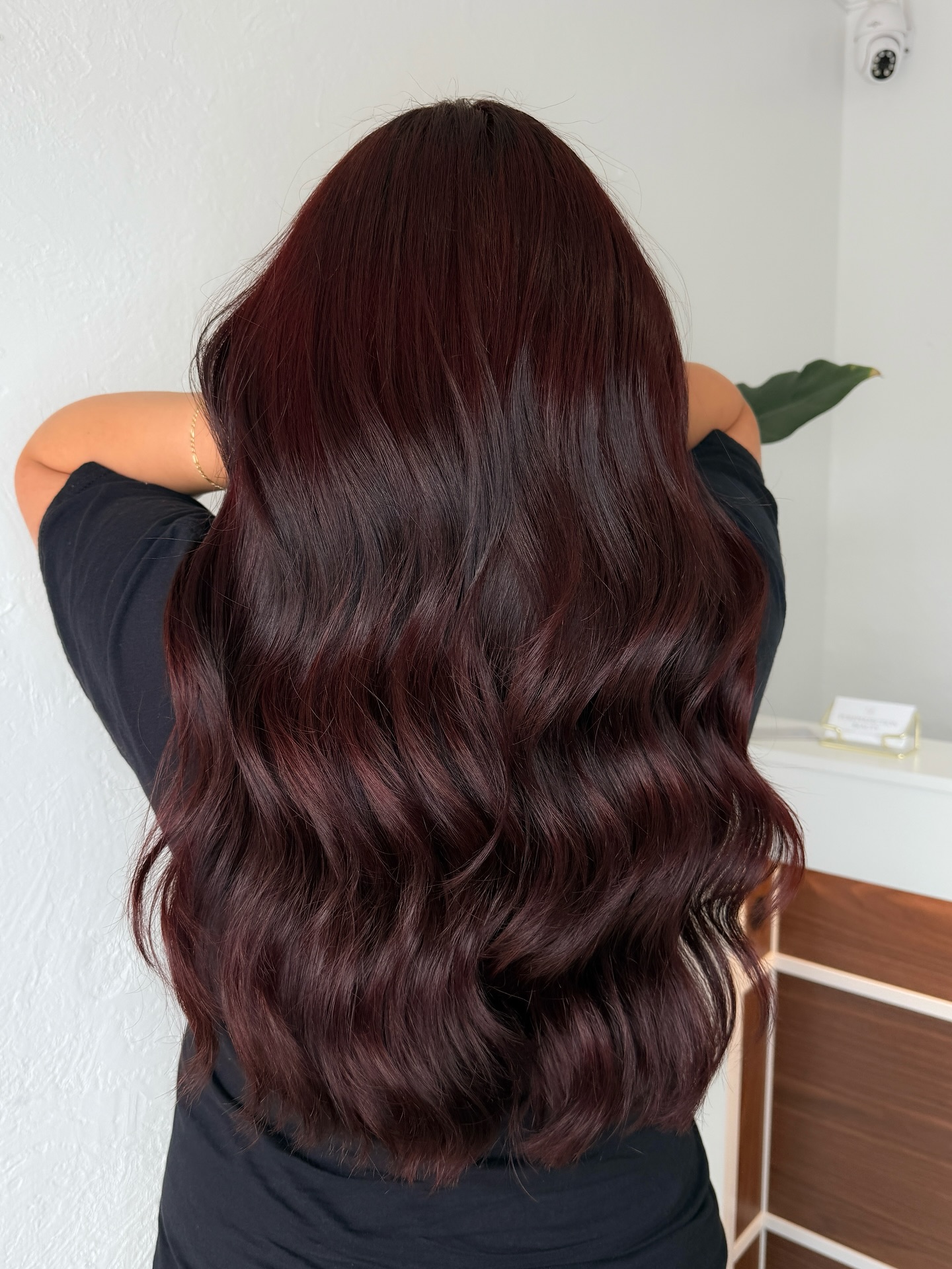 Radiant Black Cherry Balayage with Soft Waves