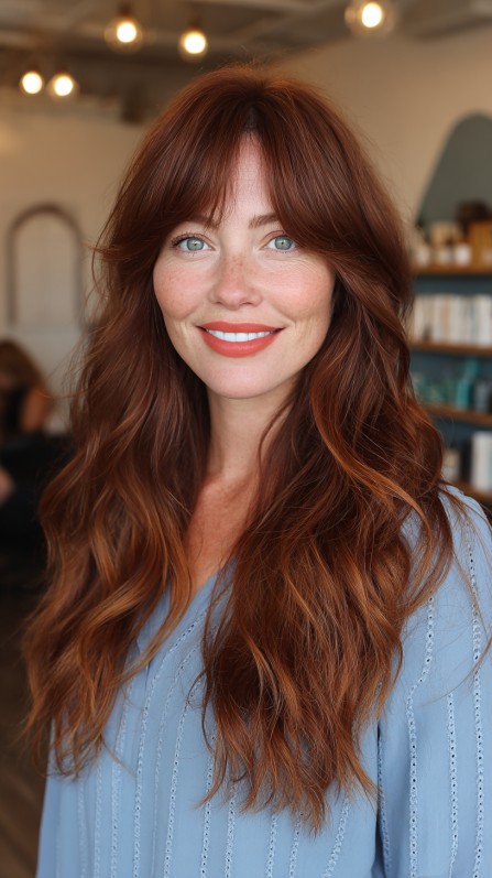 Rich Auburn Long Waves with Soft Textured Layers
