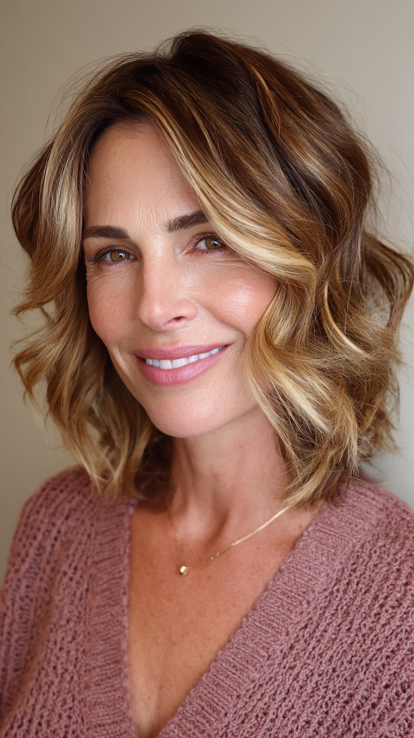 Softly Textured Beachy Bob with Warm Highlights