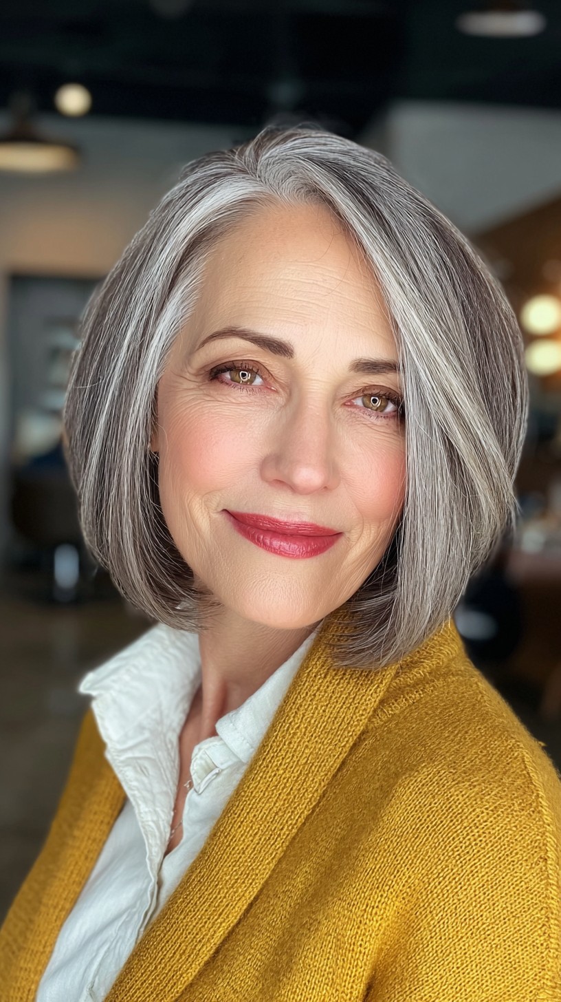 Softly Textured Silver Bob with Side-Swept Layers