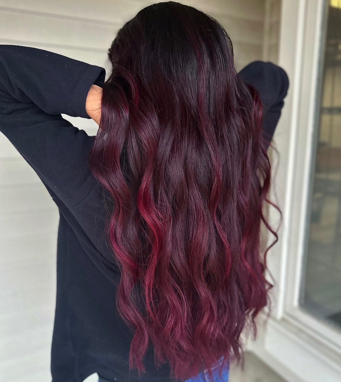 Stunning Long Black Cherry Balayage with Soft Waves