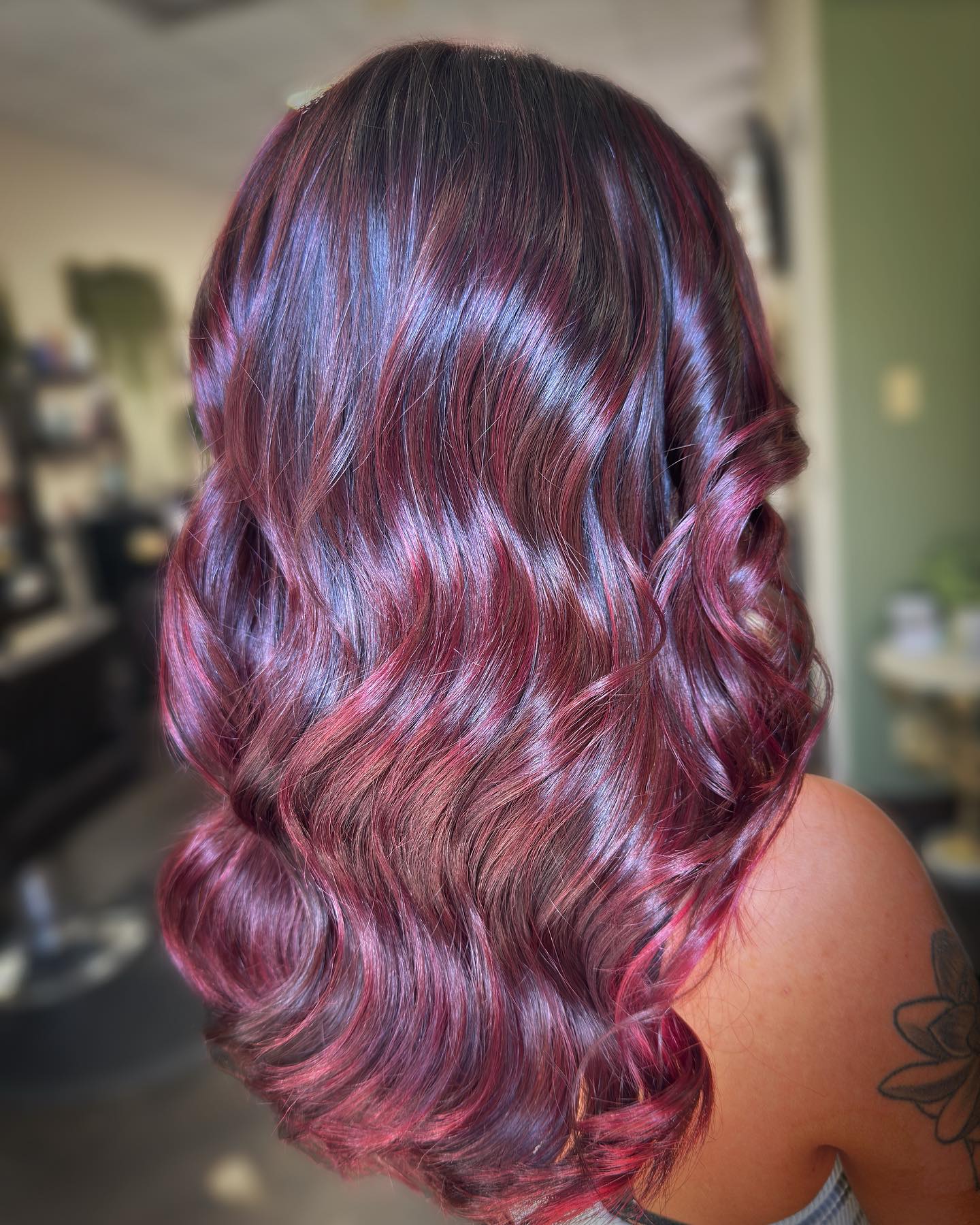 Stylish Long Black Cherry Balayage with Defined Waves