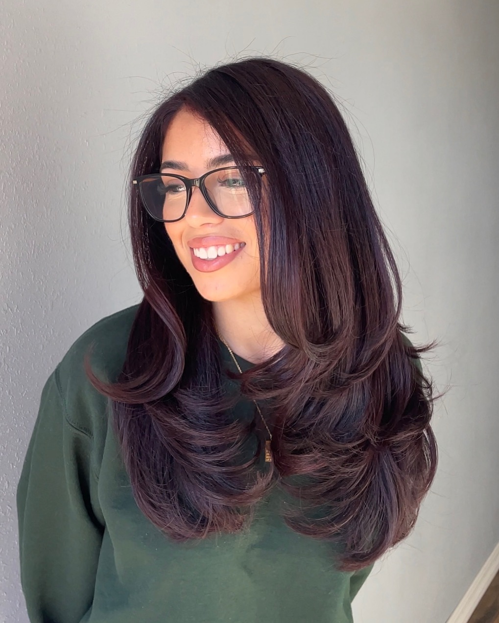 Stylish Long Black Cherry Balayage with Soft Layers