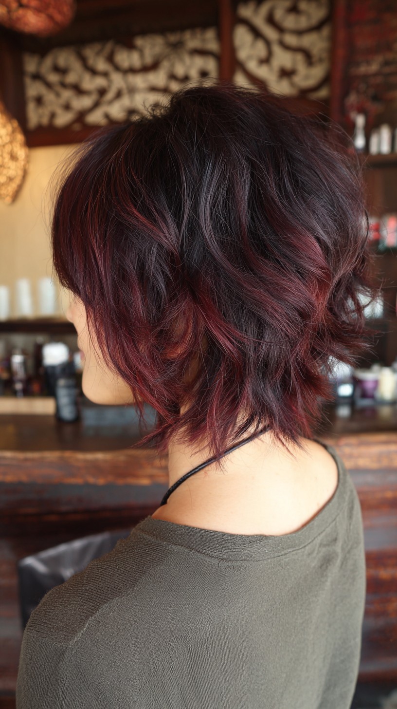Textured Black Cherry Balayage with Layered Dimensions