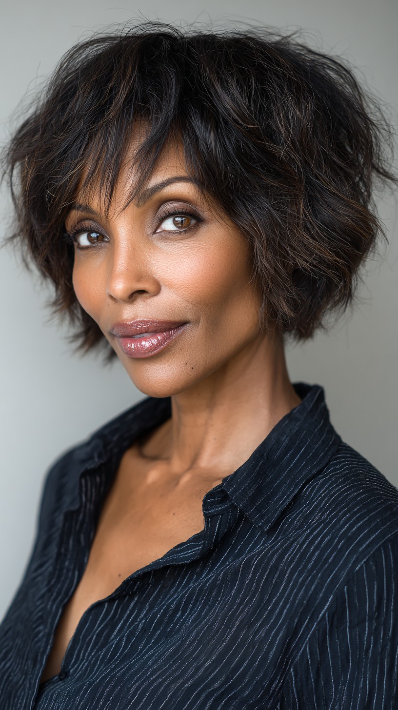 Textured Curly Bob with Side-Swept Bangs