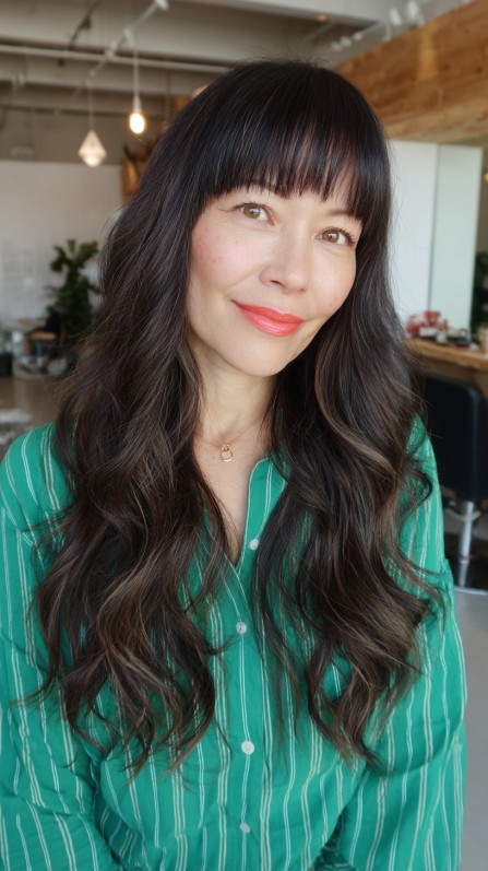 Textured Long Waves with Bold Blunt Bangs